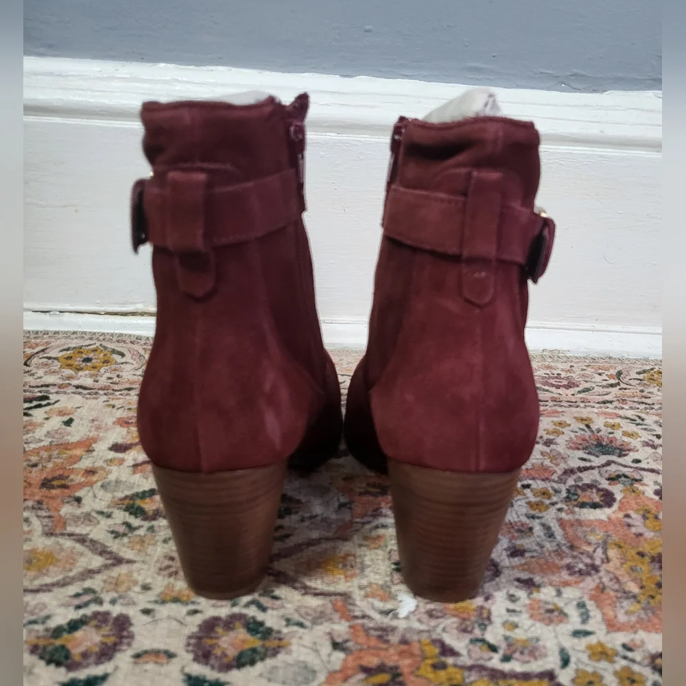 Suede Leather Red - Brown Burgundy Ankle Boots Sleek Bootie Buckle Size 8